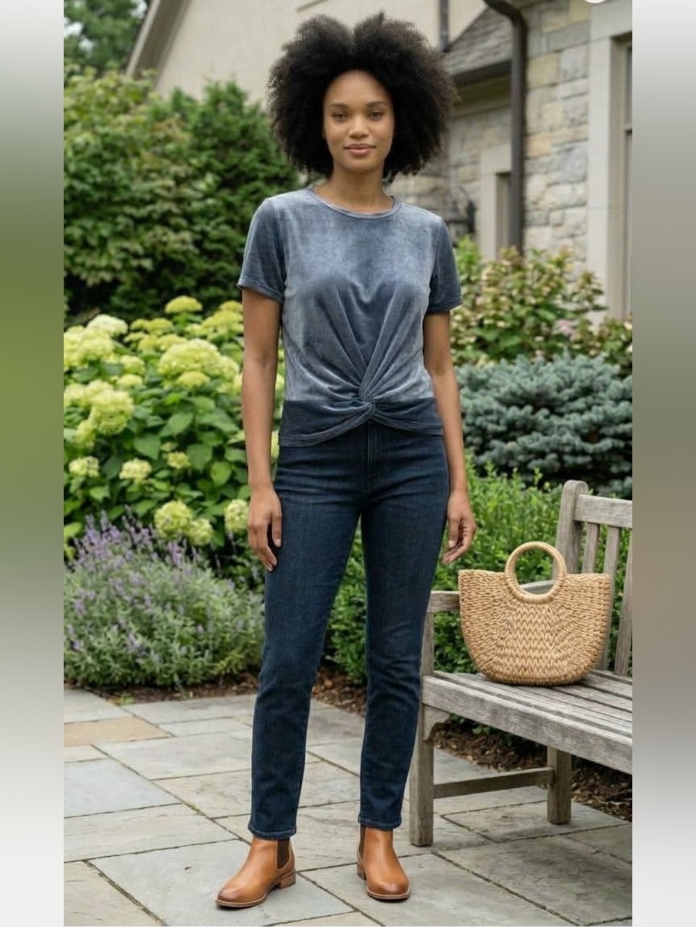 Aqua Silver Blue Velvet Twist Knot Tee Shirt Size Sz Large